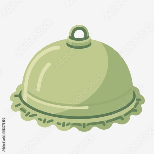 A classic sage green kitchen cloche or food dome cover with a ruffled base, suitable for restaurant menu icons, catering services, and culinary web graphics.