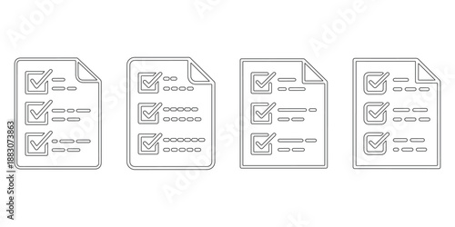 Set of four document checklist icons showing various survey results completed tasks review status reports or successful test completion outline
