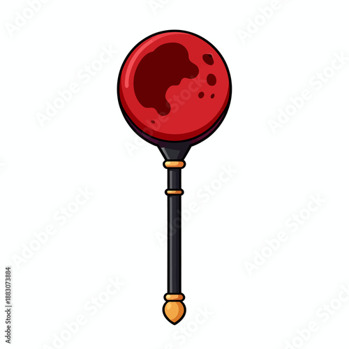 Magic fantasy wizard staff topped with a mystical red lunar planet orb for role playing games and enchanting storytelling in an ancient mythical world setting.