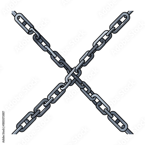 Crossed metal chains illustration symbolizing strength, bondage, or secure connections for industrial concepts, security themes, and metaphorical design projects.