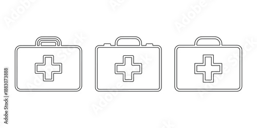 Medical first aid kit line icon set for healthcare emergency services clinic hospital equipment medicine bag with cross symbol isolated on white background