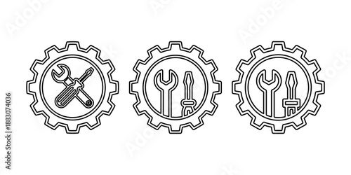 Three outline icons of a wrench and screwdriver in a gear symbol, depicting repair, maintenance, and service concepts on white background
