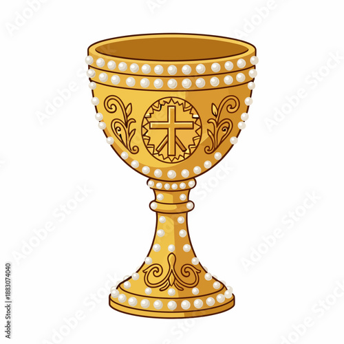 Elegant gold chalice decorated with religious cross and pearl patterns for communion services, medieval roleplay props, or luxury tabletop decor settings.