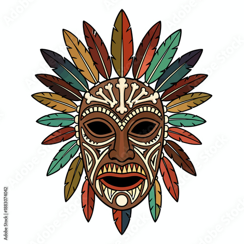 Tribal African mask with colorful feathers and white geometric patterns for interior decoration, cultural wall art, and ethnic festival party themes.