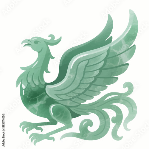 Stylized green phoenix bird icon inspired by jade carvings and oriental mythology, suitable for legendary creature designs or cultural art projects.