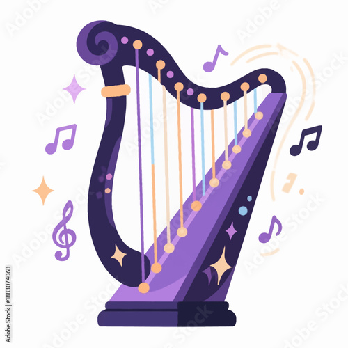 Elegant classical harp in vibrant purple and gold hues surrounded by dancing musical notes, ideal for music therapy themes or fantasy bard character assets.