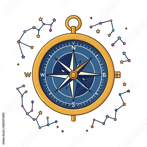 Golden vintage nautical compass surrounded by astronomical constellations and stars, ideal for navigation, travel, and celestial-themed artistic illustrations.