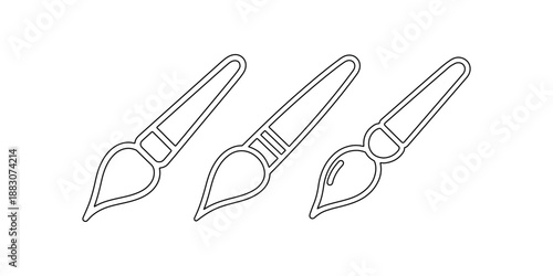 Three outline icons of paint brushes in different styles, representing art, creativity, painting, and artistic tools on white background