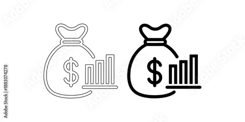 Money bag with growth chart icon financial investment growth concept outline and filled version symbol isolated on white background