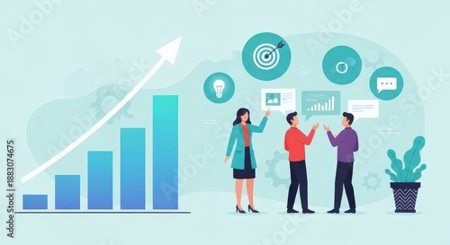 Business Team Discussing Strategies for Growth with Graph and Icons