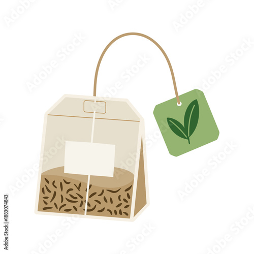 Illustrated Tea Bag with Leaf Tag on Transparent Background