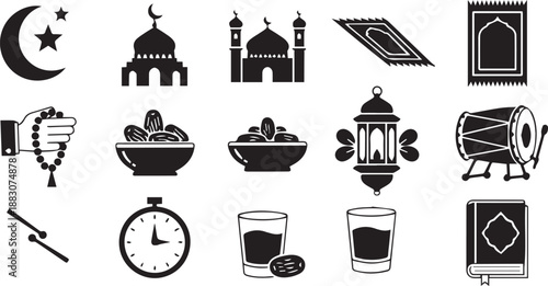 Islamic Ramadan and Eid Cultural Icons Featuring Prayer Rugs, Bedug Drum, Dates, and Holy Quran
