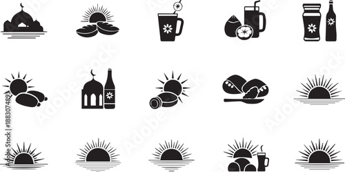 Islamic Ramadan Lifestyle Icon Set Featuring Sunrise and Sunset Timings, Iftar Meals, and Mosque Silhouettes