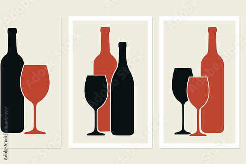 PrintMinimalist wine bottle and glass triptych wall art print set