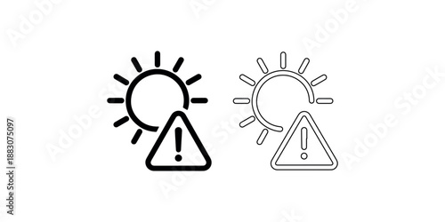Sun with warning triangle icon set showing heat alert or sunny day danger symbol illustration representing weather