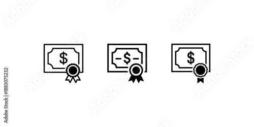 Three dollar bill icons with ribbon seals, finance award certificate symbols, business success illustration