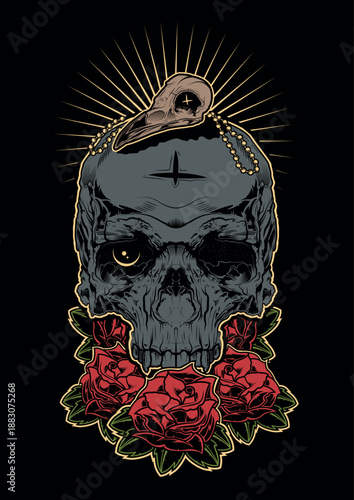 Human skull on roses with a crow skull on top. Illustration for t-shirt, hoodie, clothes, poster, designs, prints. Concept of rock, music, skate, tattoo, rad.