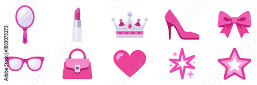 Barbiecore icon set with bow, handbag, heart, high heel, lipstick, mirror, reading glasses, silver crown, sparkle, star, colorful collection with vector flat illustrations