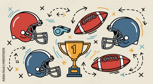 Hand-Drawn American Football Doodle Icons with Helmets Balls Trophies Whistles and Play Diagrams – Bold Outline Vector Set