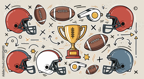 Hand-Drawn American Football Doodle Icons with Helmets Balls Trophies Whistles and Play Diagrams – Bold Outline Vector Set