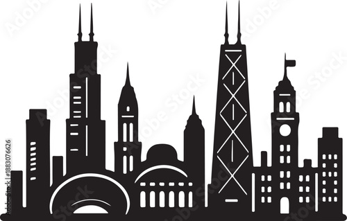 Detailed Chicago USA skyline vector with iconic landmarks, vinyl ready black design for wall decals and stickers.