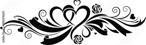 A beautiful black and white illustration of intertwined hearts and roses