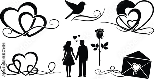 A romantic illustration of a couple holding hands surrounded by hearts and flowers