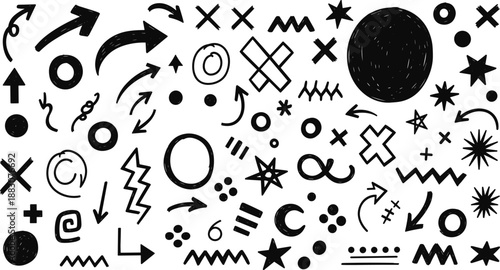 Chaotic abstract symbol pattern, hand-drawn black icons including arrows, stars, squiggles, math signs, circles for visual design