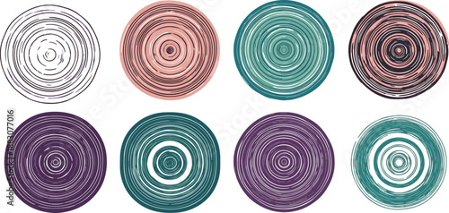Colorful concentric ring patterns with abstract circular designs, topographic lines, tree ring style, visual texture, artistic geometry, modern decorative elements, radial symmetry