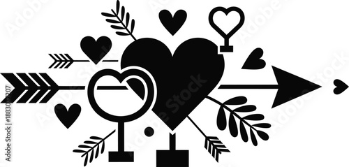 A black and white illustration of a heart pierced by an arrow surrounded by smaller hearts and leaves