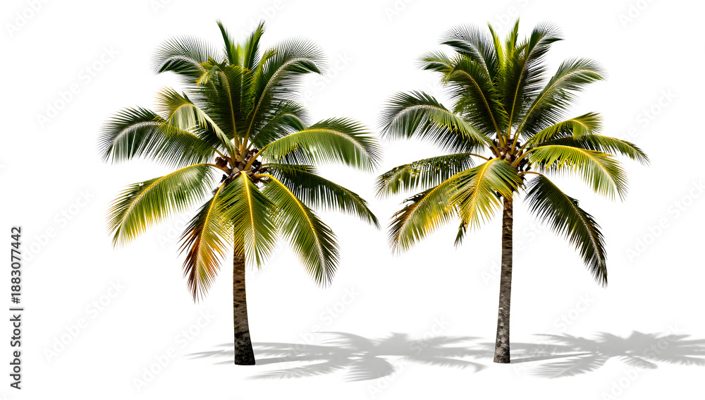 Obraz premium Tropical Duo: Two majestic palm trees stand tall, their vibrant green fronds gently swaying in the warm tropical breeze, evoking a sense of tranquility. 