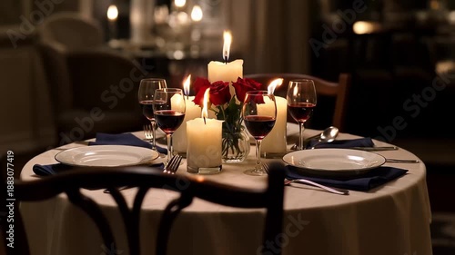 Romantic Candlelit Dinner: A beautifully arranged table set for a romantic dinner, adorned with lit candles, roses, and wine glasses, creating an ambiance of warmth and intimacy.