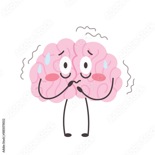Brain character trembles with fear and sweats. Panic attack and stress concept. Funny emotional mascot. Vector illustration isolated