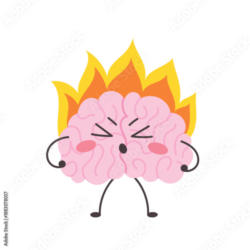 Angry brain character on fire. Stress and burnout concept. Funny emotional mascot. Vector illustration isolated