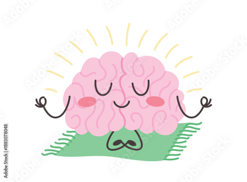 Brain character meditating. Harmony, calmness and mindfulness concept. Funny emotional mascot. Vector illustration isolated