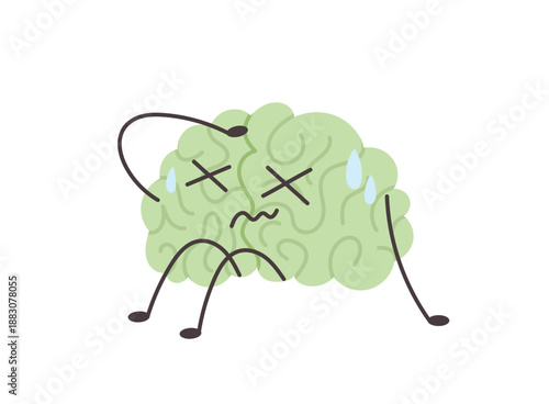 Brain character with nausea. Intoxication concept. Funny emotional mascot. Vector illustration isolated