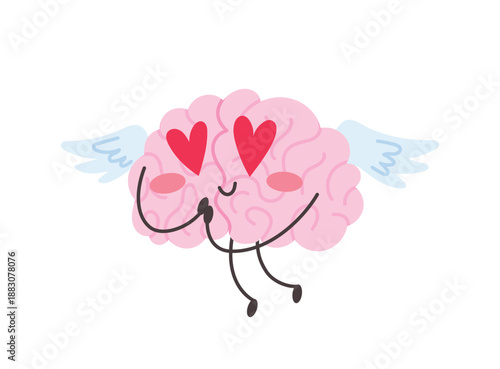 Brain character in love with wings. Funny emotional mascot for St. Valentines Day. Vector illustration isolated