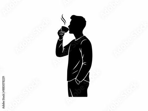 Silhouette of a man drinking hot coffee or tea from a cup minimalist vector illustration