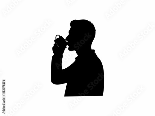 Silhouette of a Young Man Drinking Coffee  Isolated on White Background