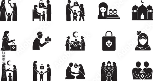 Islamic Charity and Family Icon Set Featuring Zakat Donations, Helping the Needy, and Muslim Family Silhouettes