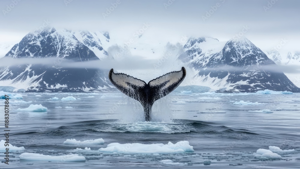 Fototapeta premium The tail fins of a humpback whale emerging from the icy ocean waters against a backdrop of snow-capped mountains. AI generated. 
