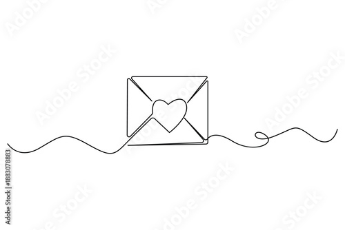 Continuous one line drawing of love letter envelope with heart symbol vector illustration
