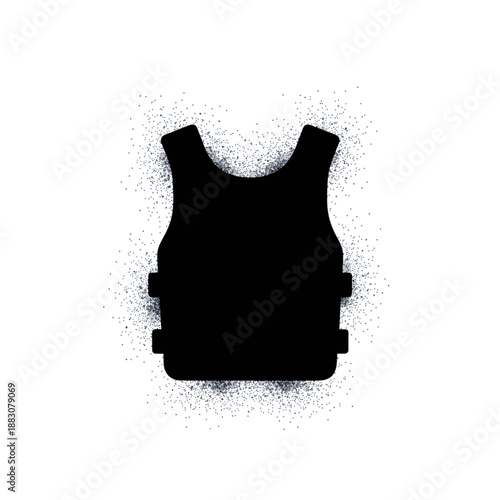 Black silhouette of body armor with grunge dust effect. Tactical bulletproof vest vector icon. Military and police security equipment symbol isolated on transparent background