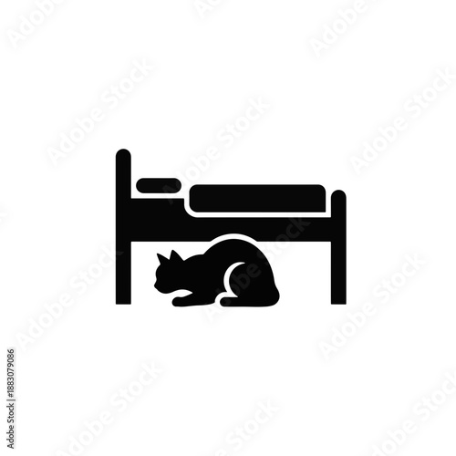 Cat hiding under bed icon. Solid black silhouette vector symbol. Pet behavior and furniture concept. Flat design glyph illustration