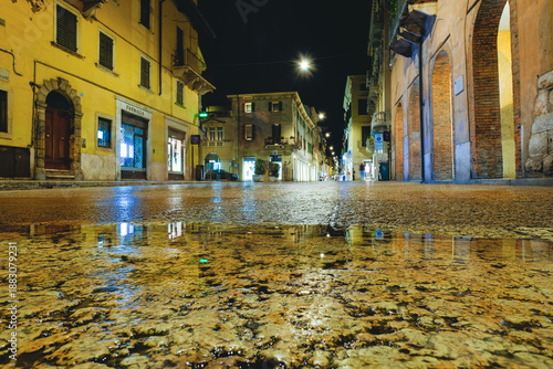 Porta Borsari, is one of the gates that opened along the Roman walls of Verona, at night