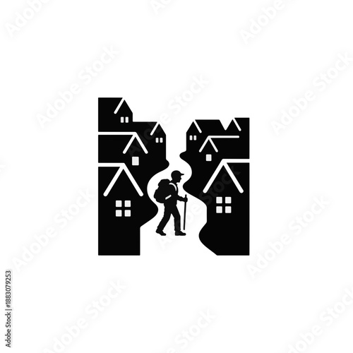 Tourist walking through a narrow village path icon. Black silhouette vector illustration of a hiker on a journey. Travel and adventure concept graphic