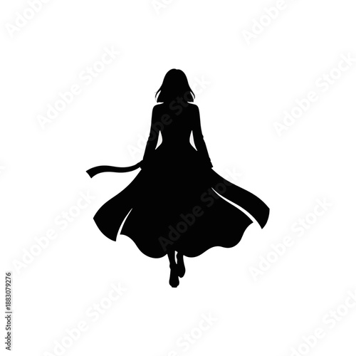 Black silhouette of a woman walking in a long flowing coat. Mysterious female figure vector illustration. Graphic icon isolated on a transparent background