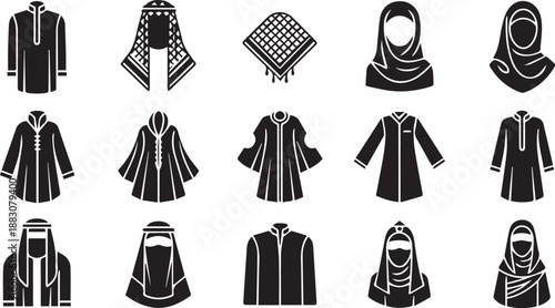 Islamic and Middle Eastern Traditional Clothing Icon Set Featuring Hijab, Niqab, Keffiyeh, and Modest Apparel Silhouettes