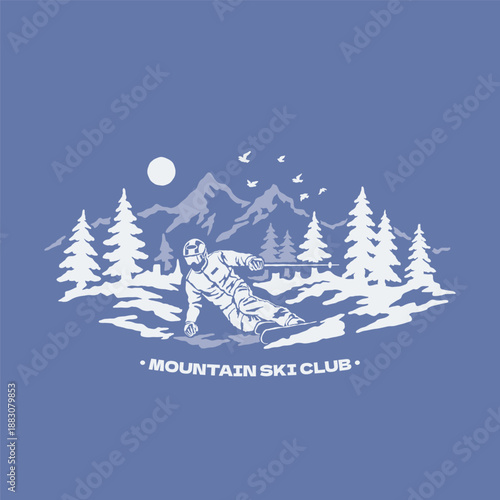 Mountain ski club landscape hand drawn retro logo vector illustration skier adventure on mountain snow nature national park. Vintage outdoor apparel design