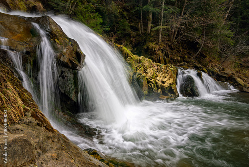 Beautiful Waterfall in Carpathian Mountains near Zhuravlyne Lake